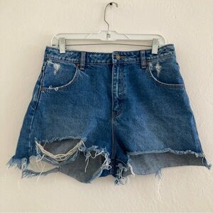 Rolla's Duster Cutoff Jean Shorts Medium Wash Distressed Raw Hem Rodeo Size 29